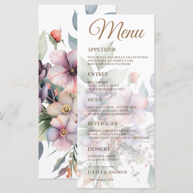 Elégante aquarelle florale Mariage carte menu (Devant / Derrière)