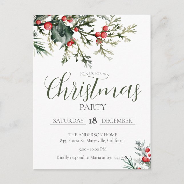 Elégante aquarelle Noël Fête Invitation (Devant)