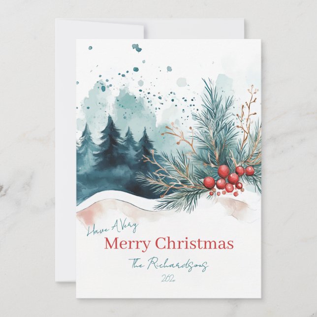 Elégante aquarelle Noël Forêt Carte de vacances (Devant)