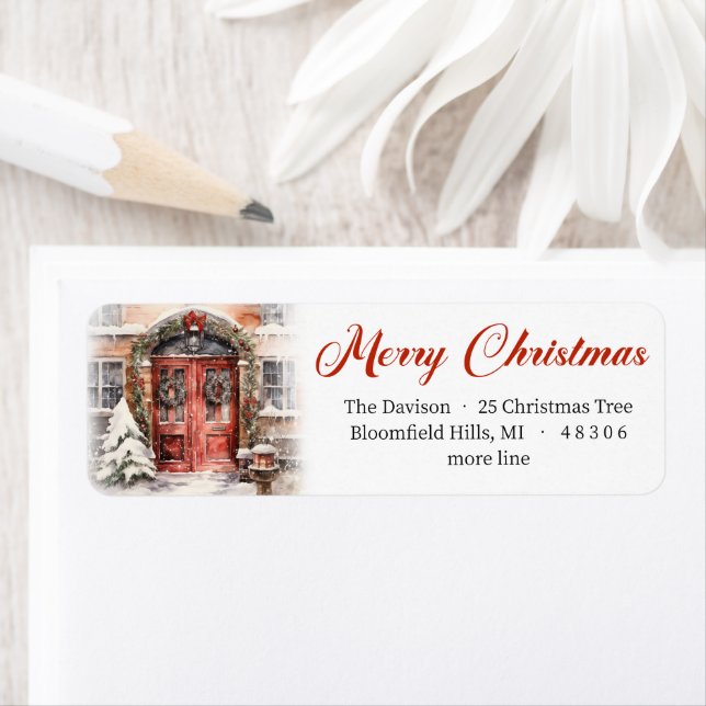 Elégante aquarelle Porte rouge de Noël dans la vil (En situation)
