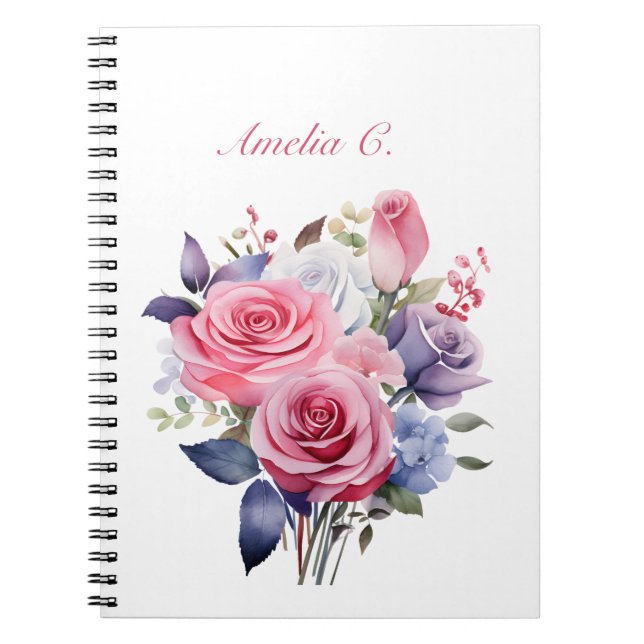 Elégante aquarelle Rose Bouquet Carnet blanc (Devant)
