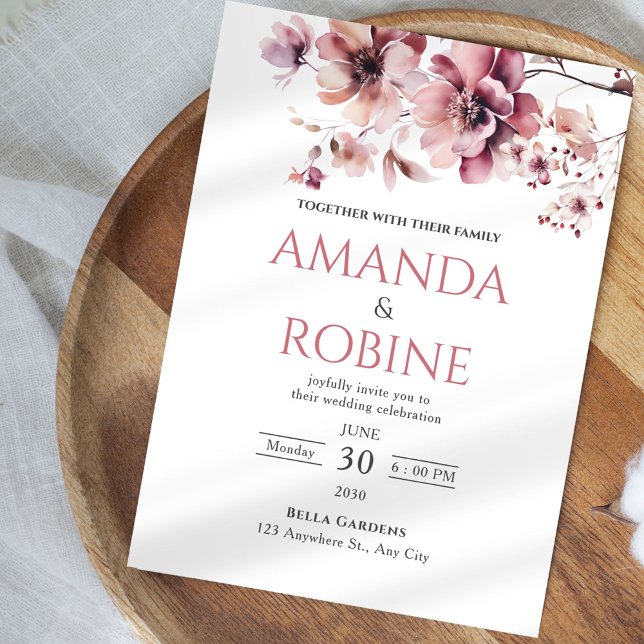 Elégante aquarelle rose Faire-part de mariage flor (Créateur téléchargé)