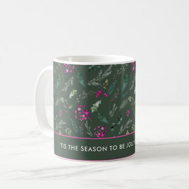 Elégante aquarelle rose Holly Mug de Noël (Devant gauche)