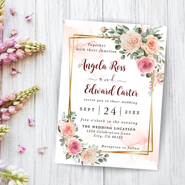 Elégante aquarelle rose Roses Faire-part de mariag (Créateur téléchargé)