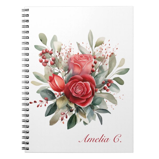 Elégante aquarelle Rouge Rose Bouquet Carnet blanc (Devant)
