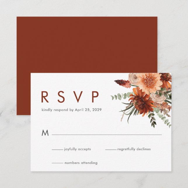 Elégante aquarelle rouille Mariage floral RSVP (Devant / Derrière)