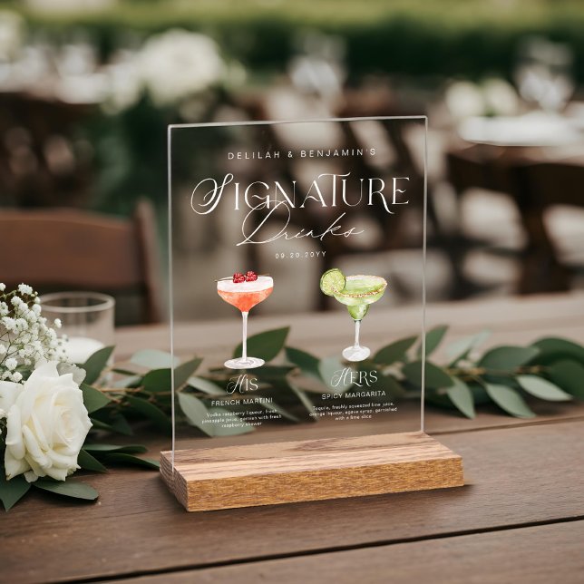 Elégante aquarelle Sa signature Boisson Mariage (Elegant Watercolor His Her Signature Drink Wedding Acrylic Sign)
