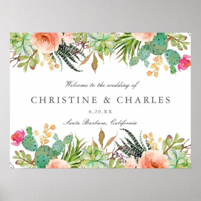 Elégante aquarelle Succulent Mariage Affiche de bi (Devant)