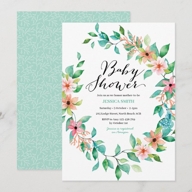 Elégante aquarelle verte Baby shower Invitation (Devant / Derrière)