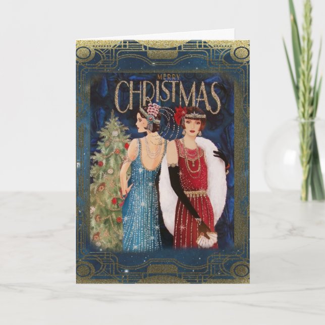 Elégante Art Deo Dames fête la carte de Noël (Devant)