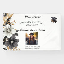 Élégante bannière de graduation florale noire et o