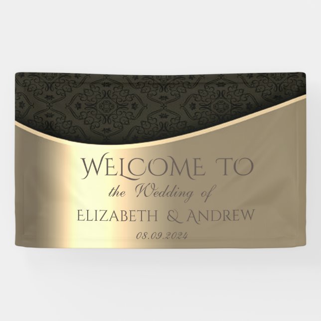 Élégante bannière de Mariage en or noir Damask (Horizontal)