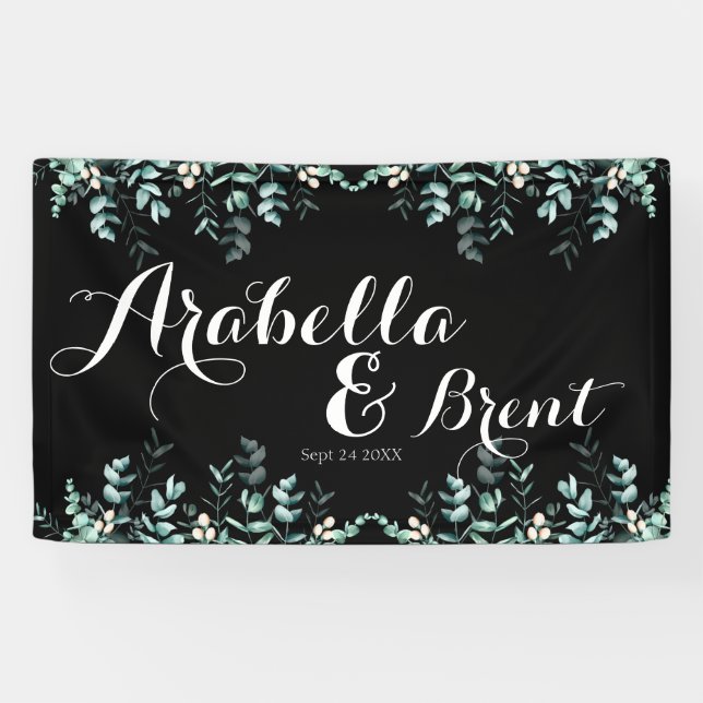 Élégante bannière de Mariage noir Feuille Eucalypt (Horizontal)