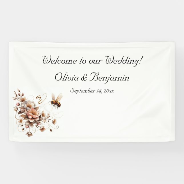 Élégante bannière Mariage d'abeille et de fleurs (Horizontal)