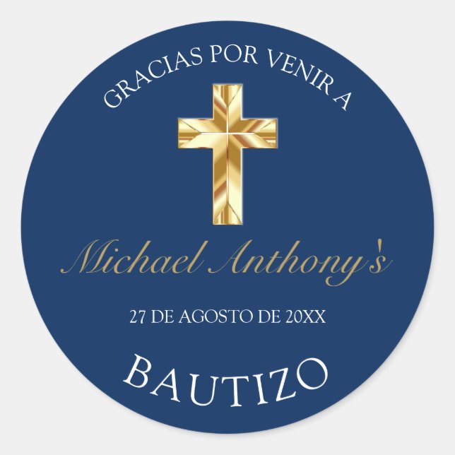 Elegante Bautismo de Bebé Azul Dorado Gracias Classic Round Sticker (Front)