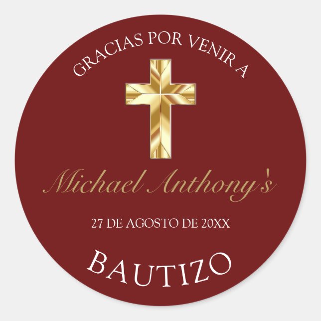 Elegante Bautismo de Bebé Borgoña Dorado Gracias Classic Round Sticker (Front)