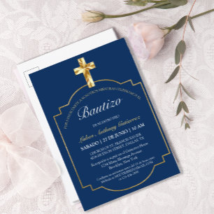 Elegante Bautismo de Niños Con Cruz Dorada Azul Invitation Postcard
