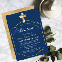 Elegante Bautismo de Niños Con Cruz Dorada Azul Ma
