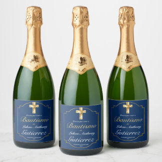 Elegante Bautismo de Niños Con Cruz Dorada Azul   Sparkling Wine Label