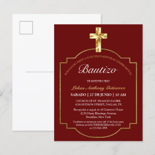 Elegante Bautismo de Niños Con Cruz Dorada Borgoña Invitation Postcard