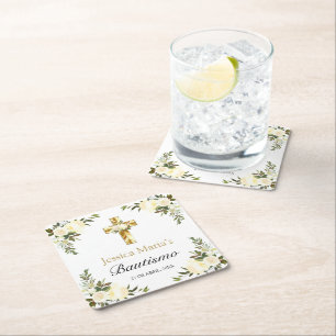 Elegante Bautismo Floral Blanco    Square Paper Coaster