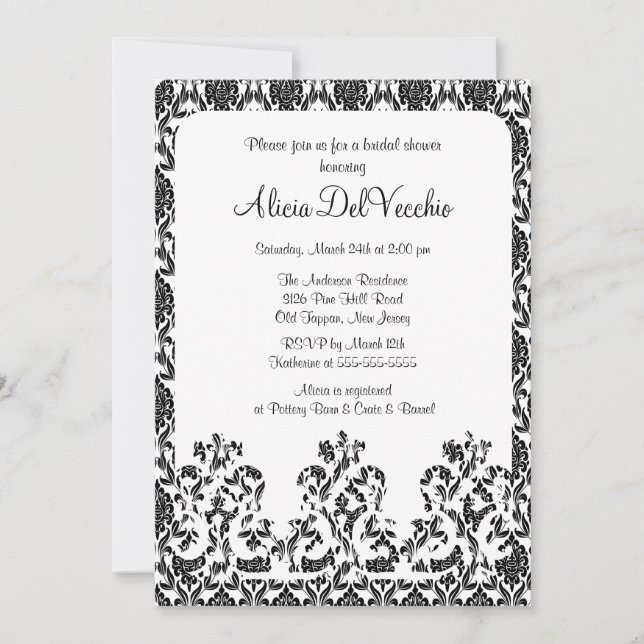 Elégante Black Damask Bridal Shower Invitation (Devant)