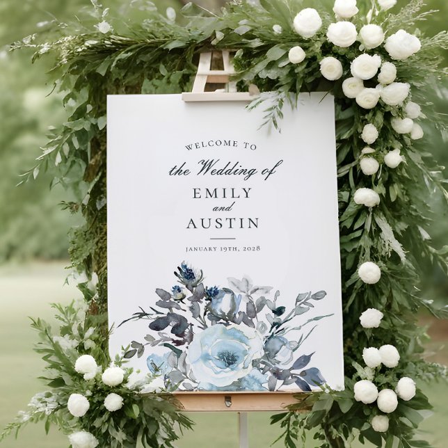 Elégante Blue Floral Greenery Mariage Affiche de b (Créateur téléchargé)