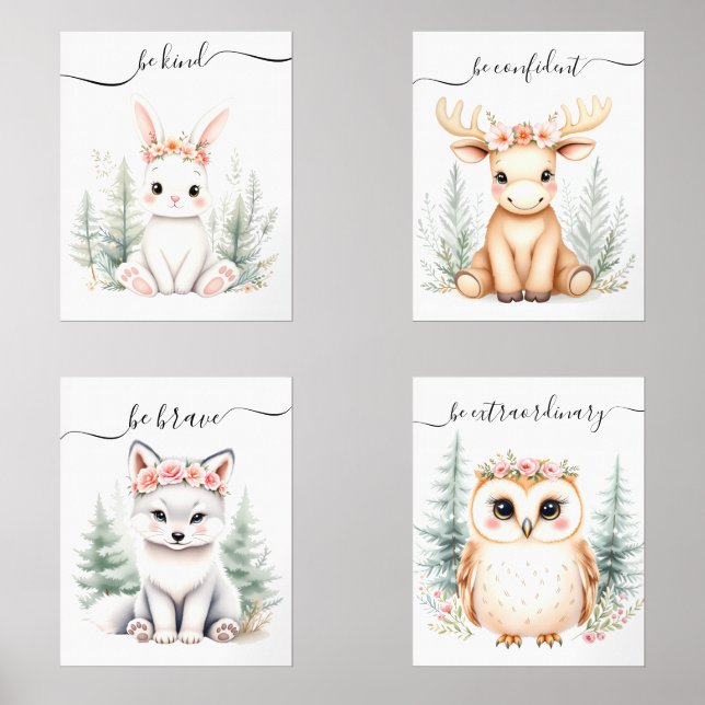 Elégante boisée Animal Aquarelle Girly Nursery (Recto)