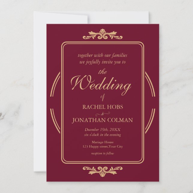 Elégante Bourgogne et Faire-part de mariage Or (Devant)