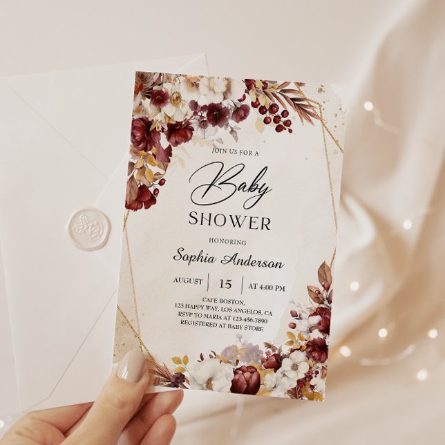 Elégante Bourgogne Floral Baby shower Invitation (Créateur téléchargé)