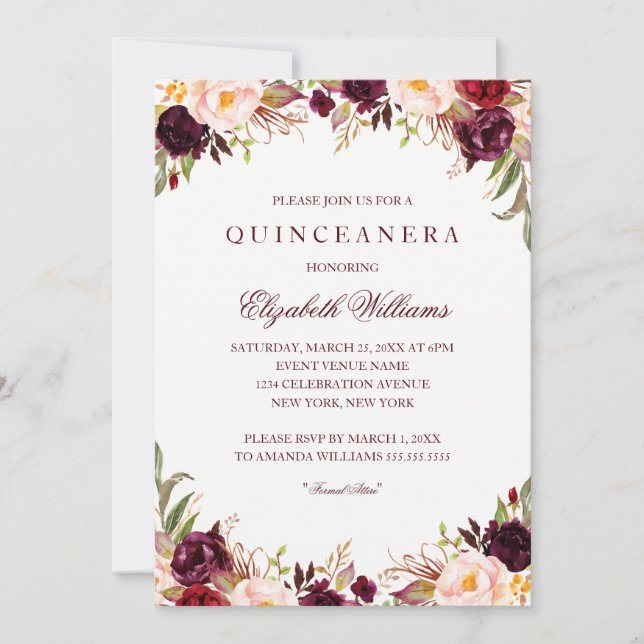 Elégante Bourgogne Floral Quinceanera Invitation (Devant)