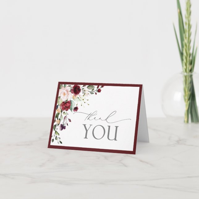 Elégante Bourgogne Floral ScriptCarte Merci (Devant)