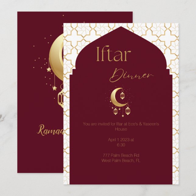 Elégante Bourgogne & Or Ramadan Iftar Invitation (Devant / Derrière)