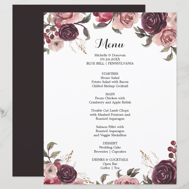 Elégante Bourgogne Summer Floral Diner Carte Menu (Devant / Derrière)