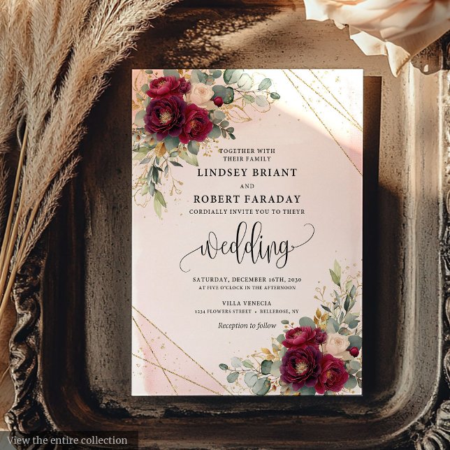 Elégante burgundy blush or rose invitation mariage (Elegant Burgundy Blush Gold Roses Floral Wedding Invitation)