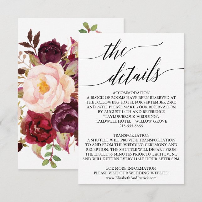 Élégante calligraphie | Carte Floral Back Details (Devant / Derrière)