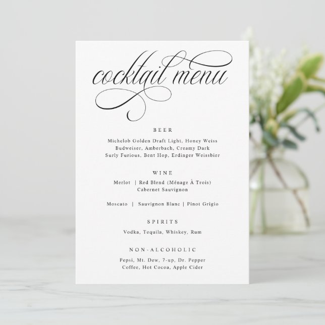 Élégante calligraphie Luxe Mariage Cocktail Menu (Debout devant)