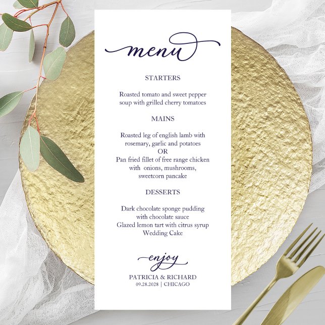 Élégante calligraphie Marine Menu de script bleu (Créateur téléchargé)