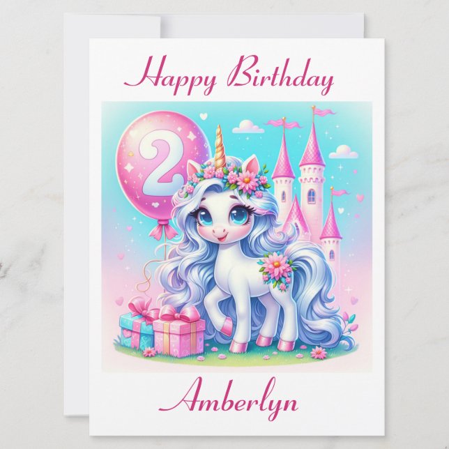 Élégante Carte Anniversaire Unicorn 2 Ans (Devant)