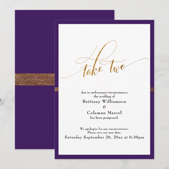 Elégante Carte Bande Or Mariage Purple Postpond (Devant / Derrière)