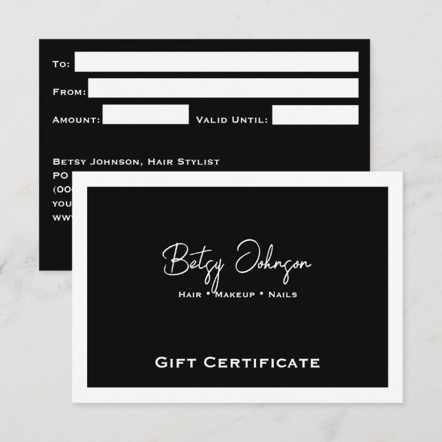 Élégante carte cadeau noir et blanc (Devant / Derrière)