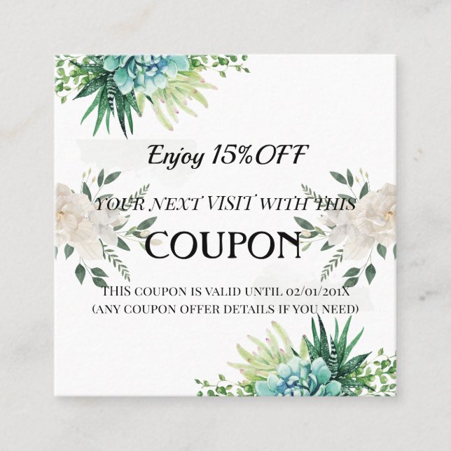 Élégante Carte Coupon Floral Succulente à 15 % (Devant)