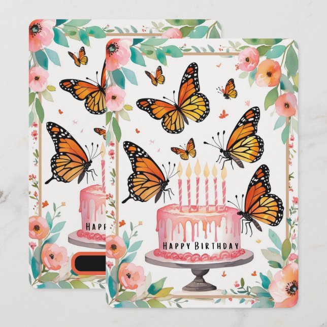 Elégante carte d'anniversaire Monarch & Cake (Devant / Derrière)