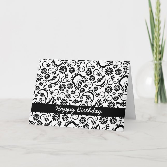 Elégante carte d'anniversaire noire blanche floral (Devant)