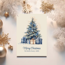 Elégante carte d'arbre de Noël bleu et or
