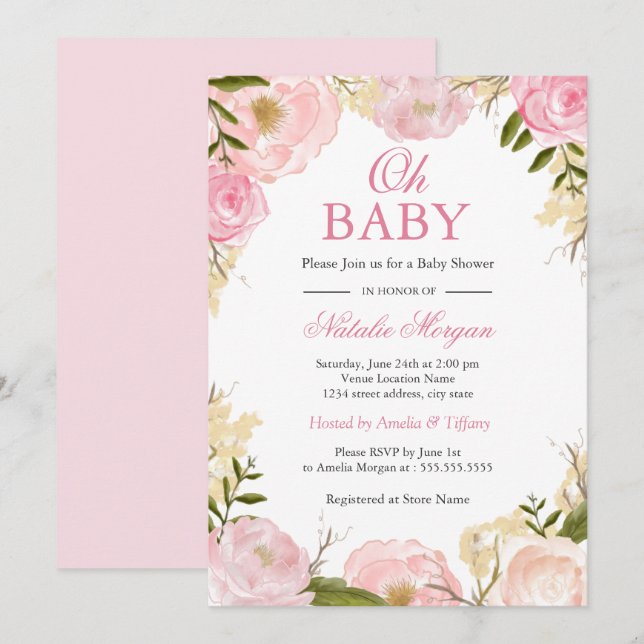 Élégante carte de Baby shower Rose Rose Oh (Devant / Derrière)