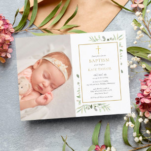 Élégante carte de baptême avec photo de verdure