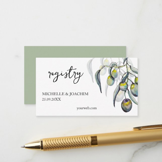 Elégante carte de boîtier en aquarelle Olive (Devant/Arrière en situation)