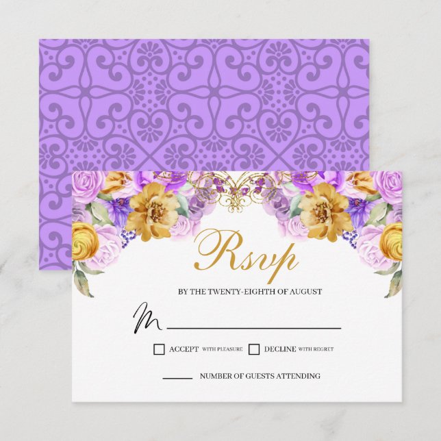 Élégante carte de boîtier RSVP Lilac & Gold Floral (Devant / Derrière)