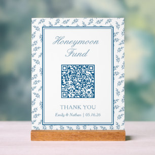 Elégante carte de code QR Mariage Blue Honeymoon F